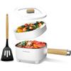 Audecook Padella elettrica 2L, Padella in Ceramica Antiaderente Aggiornata 20cm, Multifunzione Pentola Elettrica Cuocipasta per Bistecca,Uova,Ramen,Farina d'avena (Bianco, 2 litri)