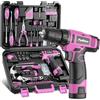PULITUO Set di trapani, 149 pezzi, set di utensili per la casa con trapano a batteria rosa da 12 V, cassetta degli attrezzi, kit di utensili manuali per donne e uomini e appassionati di fai da te, per