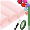 Xiniear Carta Crespa Rosa chiaro, 3 rotoli di carta crespa 25x250cm Carta Pesta, con 15 rametti verdi, un coltello da bricolage, un rotolo di nastro adesivo verde per bricolage (Rosa chiaro)