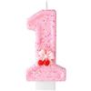 Lyreh Candela Compleanno Ciliegia, Candele Numero Glitter Rosa con Mini Ciliegie Carine e Decorazioni a Fiocco per Feste Compleanno Baby Shower Feste a Tema Decorazioni(Numero 1)