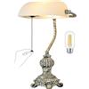Newrays Lampada da scrivania retrò in vetro bianco opaco per ufficio domestico, biblioteca con interruttore a catena e presa di corrente, lampadina LED inclusa