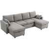 HOMCOM Divano Letto con 2 Chaise Longue Contenitore in Velluto a Coste Grigio
