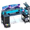 YOUDENOVA Scrivania da gioco con 4 cassetti in tessuto, 150 x 48 cm, reversibile, con LED e presa, scrivania da ufficio con supporto per monitor, porta USB, tavolo per PC per casa, ufficio e giocatori
