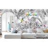 Kalodity Carta da parati panoramica 3D giungla in seta tropicale, 200 x 150 cm, nero e bianco, piante, fiori, foglie, pappagallo, grandi murales, poster per soggiorno, camera degli adulti, camera da letto