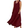 WOXIHUAN Abito Lungo Da Donna In Cotone E Lino, Tinta Unita, Per Il Tempo Libero, Senza Maniche, Con Tasche, Abito Estivo Casual Lungo Abito Vestitino da Spiaggia Vestito Donna Elegante Curvy (Vino, 3XL)