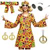 AYBUY Costume da Hippie Donna, Costume Carnevale Donna Anni 70, Include Hippie Orecchini Collana Occhiali da Sole Fascia, Vestito Hippie Anni 70 per Carnevale, Halloween, Cos Party, XL (Stile B)