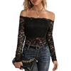 LCDIUDIU Top Corto in Pizzo E Rete con Spalle Scoperte da Donna, T Shirt Rossa Trasparente A Maniche Lunghe, Camicetta Elasticizzata con Fiori di Peonia, Camicia Base Sexy da Festa, vestibilità Att