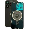 Generisch Cover posteriore (coperchio della batteria) adatta per iPhone 15 Pro. Preassemblata: con magnete, supporto in metallo, anelli per fotocamera, ecc. Vetro posteriore di ricambio OEM (nero)