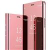 COTDINFOR Huawei P30 PRO Custodia Placcatura Specchio Clear View Standing Cover Slim Mirror Flip Portafoglio Antiurto Case con Funzione Stand per Huawei P30 PRO Mirror PU Rose Gold MX.