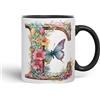 Vixar Tazza con lettera E, fiori e farfalle, lettera dell'alfabeto, monogramma, acquerello, in ceramica, tazza per tè, caffè, birra calda, 330 ml, regalo (nero)