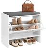 HOOBRO Panca Scarpiera con Seduta Imbottita in Tessuto Lino, Portascarpe a Ribalta per 9 Paia di Scarpe, Ripiano Interno Regolabile, 60 x 30 x 55 cm, per Ingresso, Corridoio, Bianco e Grigio EWG15HX01