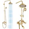 MOSSON - Sistema doccia da esterno con finitura ottone anticato, con soffione da 20 cm, doccetta e rubinetto vasca con rotazione a 360°, doppia manopola a croce