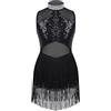 TiaoBug Ragazza Vestito da Latino Leotard di Nappa Latino Americano Body da Danza Paillettes Dancewear Allenamento con Fiore Amovibile Frange Vestito dalla Frangia Nero 14 anni