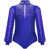 Alvivi Body da Danza Classica Moderna per Ragazzo Maniche Lunghe con Strass Bodysuit da Pattinaggio Artistico Abito da Ballo Latino Jazz Samba Rumba Salsa Blu reale 9-10 anni