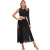 TiaoBug Abito da Ballo Donna Latino Americano Pizzo Trasparente Vestito da Danza Classica Moderna Ballo da Sala Monospalla a Manica Lunga Vestito Maxi da Danza Valzer Cha Cha Nero A M