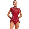 TSSOE Body Con Strass Frange Donna Combinazione Ginnastica Ritmica Body Danza Latino Moderno Spettacolo Borgogna S