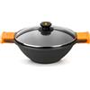 BRA Efficient | Padella Wok/Casseruola concava con Coperchio in vetro, Manici di Silicone, Metal, Nero, 32cm