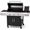 EGLEMTEK Barbecue a Gas Professionale XXL Da 13 kW con 4 Bruciatori in Acciaio Inox 304 Con Fuoco Laterale Termometro Coperchio Doppio Griglia Di Cottura 65 x 42 Cm Scaldavivande Ruote 135 × 50 × 120 Cm Nero