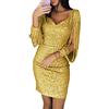 MISSMAO_FASHION2019 Vestito Donna Elegante, Donna Vestito con Paillettes Abito Scollo V Donna Vestito da Invernale Manica Lunga Oro 2XL