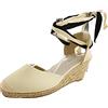 CafèNoir sandali donna in tessuto canvas beige, espadrillas alla schiava con laccio, zeppa in raffia da 8cm