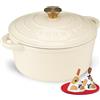 Overmont Casseruola in Ghisa Smaltata - Antiaderente Forno Olandese con Coperchio - Ø24 CM Rotonda Cocotte per Adatto a Piani di Cottura e Forni a Induzione - Bianco