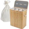 Relaxdays Cesto portabiancheria in bambù con Coperchio, 3 Scomparti, Pieghevole, 105 l, 63x52x32 cm, Sistema smistamento