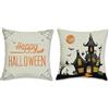 Bonhause Federe per Cuscini Halloween Grigie 45 x 45 cm Castello Nero Arancione Poliestere Lino Decorativo per Divano Letto Casa Giardino Esterno Set di 2
