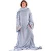 Snug Rug Coperta con maniche, 260 g/m², lussuosa, super morbida, in pile corallo, con maniche lunghe oversize e tasca a marsupio, misura per adulti, colore: lilla e grigio