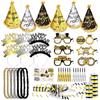 DPKOW 38pcs Nero Oro Capodanno Occhiali Cappelli Cerchietto Ghirlanda Frange Soffiatori, Buon Anno Coni Cappelli Occhiali Cerchietti Oggetti di Scena, Tatuaggio Capodanno Stelle filanti Metalliche