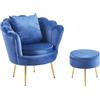 IlGruppone Poltrona Camera da Letto e Salotto in Velluto con Poggiapiedi Contenitore Poltroncina Conchiglia con Gambe in Metallo Placcato Oro Design Moderno, Seduta Morbida con Cuscino - Blu
