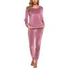 Wayleb Completo Casa Donna Due Pezzi Velluto Invernale, Top Manica Lunga Spalla Scivolata con Tasche e Pantaloni Caldi, Vino Rosso -A, 3XL