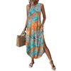 Zeagoo Abito Lungo Senza Maniche Estivo Lungo Vestito Casual Abiti Elegante Stampa Floreale Vestiti da Spiaggia Loose Leggero con Tasche Foglie Arancioni Blu M
