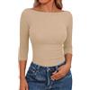 Aottori Magliatta Donna Scollo a Barca Maglia Maniche a Tre Quarti Estiva T Shirt Maniche 3/4 Coste Slim Fit Top Basic Tinta Unita Sottogiacca Albicocca S