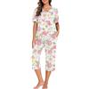 PrinStory Pigiama Donna Scollo a V Pigiama Manica Corta Top E Pantaloni Lunghi 3/4, Verricello bianco, S