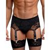 ohyeahlady Reggicalze Uomo 6 Clip Regolabili Reggicalze Pizzo Traspirante Vita Alta Modellante Intimo Sexy Sissy Jockstrap Taglie Forti M,Nero