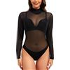 Kiiwah Body Trasparente Nero Donna, Sexy Maglietta con Bottone Automatico Sul Cavallo Top Maniche Lunghe Collo Alto Maglia a Rete Camicia Trasparente Donna Nera per Discoteche, Feste e Appuntamenti
