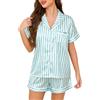 Lovasy Pigiama Donna Estivo in Raso con Bottoni Davanti Corto Seta Spalline Bianco Nero Blu Pigiami Donna Seta Corto Set,B-Verde/Righe,S