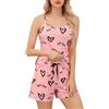 Lovasy Pigiama Donna Estivo Corto Pigiami Due Pezzi con Stampa a Cuore Pigiama Sexy Senza Maniche con Camicia Girocollo e Pantaloncini con Coulisse,C Verde, M