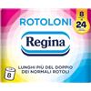 Regina Rotoloni Regina - 8 Maxi Rotoli di Carta Igienica, 500 Fogli a 2 Veli, Lunghi Più del Doppio dei Normali Rotoli, Confezione 50% in Plastica Riciclata, Carta 100% Certificata FSC