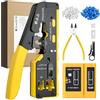 Proster Pinza Crimpatrice RJ45 Pass Through Multifunzione Spelafili per Cavo Rete CAT5 CAT6/CAT6A e CAT7 Kit Strumento Crimpatura 8P+6P con 50pz Connettori Cat6 e Coperture di Protezione Giallo