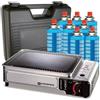 KEMPER - Barbecue a gas portatile, 2300 W, piastra antiaderente + 8 cartucce di gas da campeggio + valigetta per il trasporto