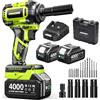 Robustrue 800 N·m Avvitatore a impulsi a batteria 1/2", motore brushless ad alta coppia, fino a 2800 giri/min, 2 batterie 4,0Ah con caricatore, 4 bussole, ideale per auto e uso domestico