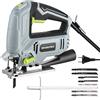 WORKPRO Seghetto Alternativo 600W, 3000 giri/min, Profondità di taglio 100mm, 4 Modalità di Taglio, Angolo regolabile da ±45°, 6 Velocità Regolabili, 7 Lame di Sega, per Legno, Metallo, Plastica