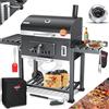 KESSER® Barbecue BBQ Smoker XXL Barbecue a carbonella con coperchio, ruote, manico in acciaio inox, termometro, griglia, spazzola, cofano, 8 spiedini con custodia e pennello in silicone, griglia a