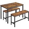 VASAGLE Tavolino da Pranzo con 2 Panche, Set di 3 Pezzi, Tavolo da Cucina 70 x 110 x 75 cm, 2 Panche 30 x 97 x 50 cm, Struttura in Acciaio, Marrone Vintage e Nero KDT070B01