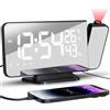 TAKRINK Sveglia con Proiettore, 7.5" Radio Sveglia Digitale da Comodino con Proiettore con Rotazione di 180 ° Luminosità Regolabile con Temperatura Umidità, Display LED Bianco