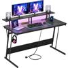 VASAGLE Scrivania da Gaming con Luci LED e Prese di Corrente, Scrivania da Computer, Supporto per Monitor, Tavolo per 2 Monitor, Ufficio, Camera da Letto, 120 x 55 cm, Nero Ebano LWD192B56V2