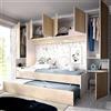Dmora - Letto per bambini Venturosa, Cameretta completa con armadio a ponte e cassettone, Composizione con letto e lettino singolo estraibile, 303x97h203 cm, Rovere e Bianco