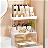 OrderlyGo Organizer per trucchi - Upgrade 2 ripiani, 3 cassetti, grande organizer per cosmetici, organizzatore squisito, organizer da bagno, organizzatore da toeletta, ambra