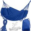 KRUMAD Amaca per esterni, stile bohémien, 190 x 150 cm, blu, portata 120 kg, con frange, custodia e 2 corde, cotone poliestere, per giardino, balcone, terrazza, esterno ed interno